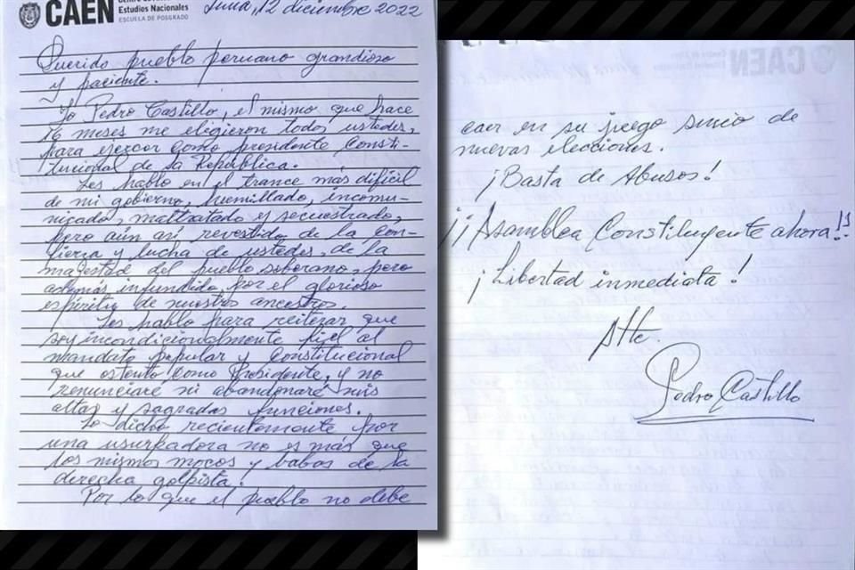 En una carta desde la cárcel, el ex Presidente de Perú calificó a Boluarte de 'usurpadora', acusó estar secuestrado y exigió su liberación.