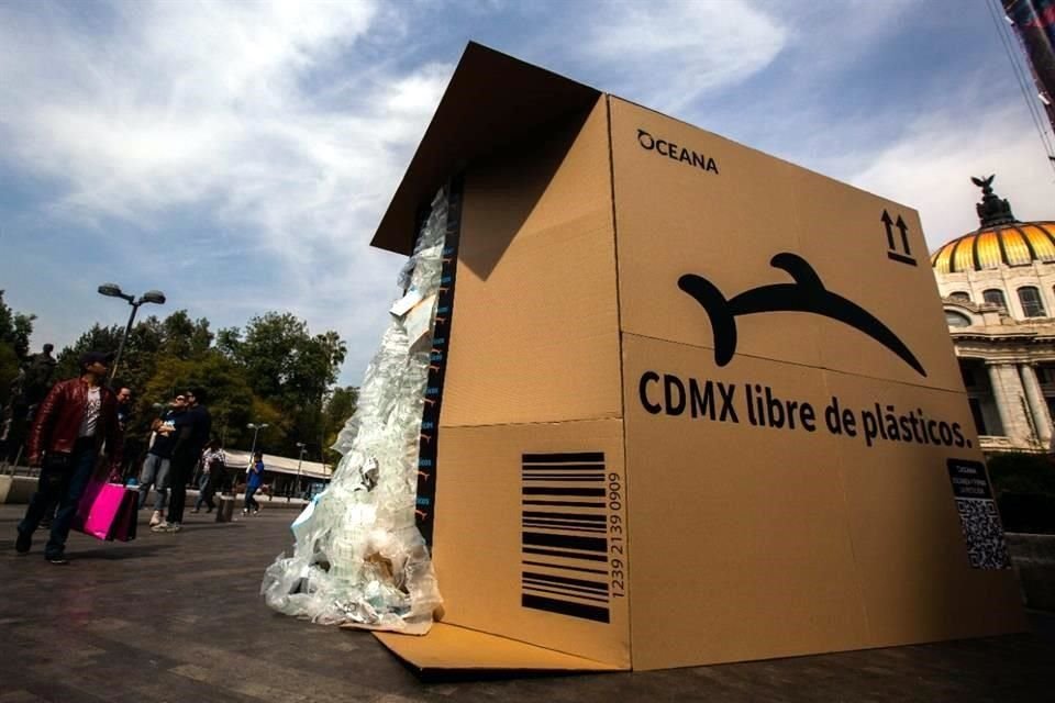 Con una caja cartón de 27 metros cúbicos, activistas buscan visibilizar la magnitud de la contaminación por los plásticos de un solo uso en el comercio electrónico.