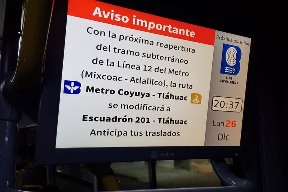 El sistema emergente informó sobre la próxima reapertura del tramo subterráneo de la L-12, sin precisar fecha.