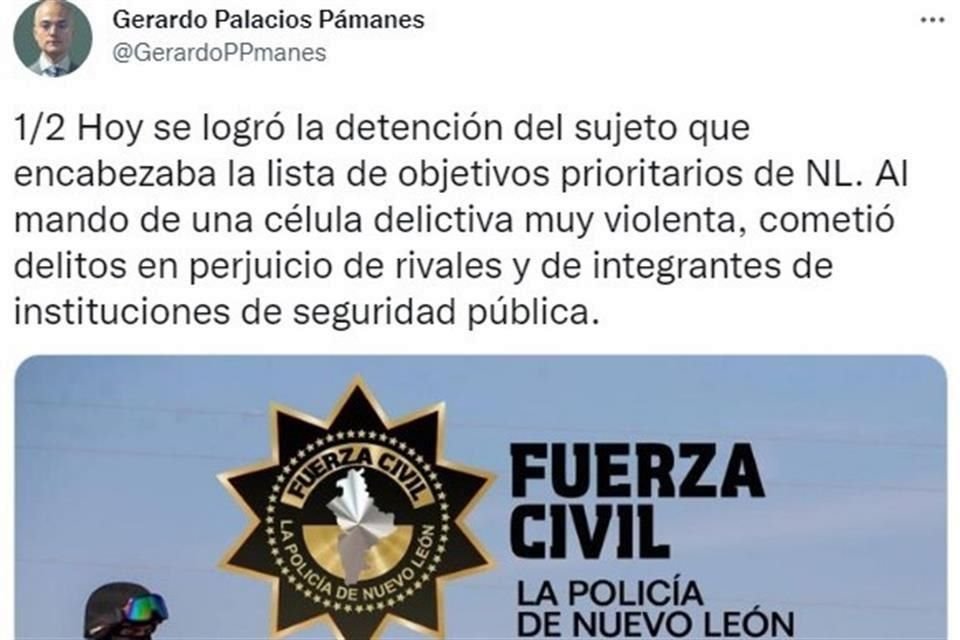 El Secretario anunció la detención del presunto líder delictivo en una publicación.