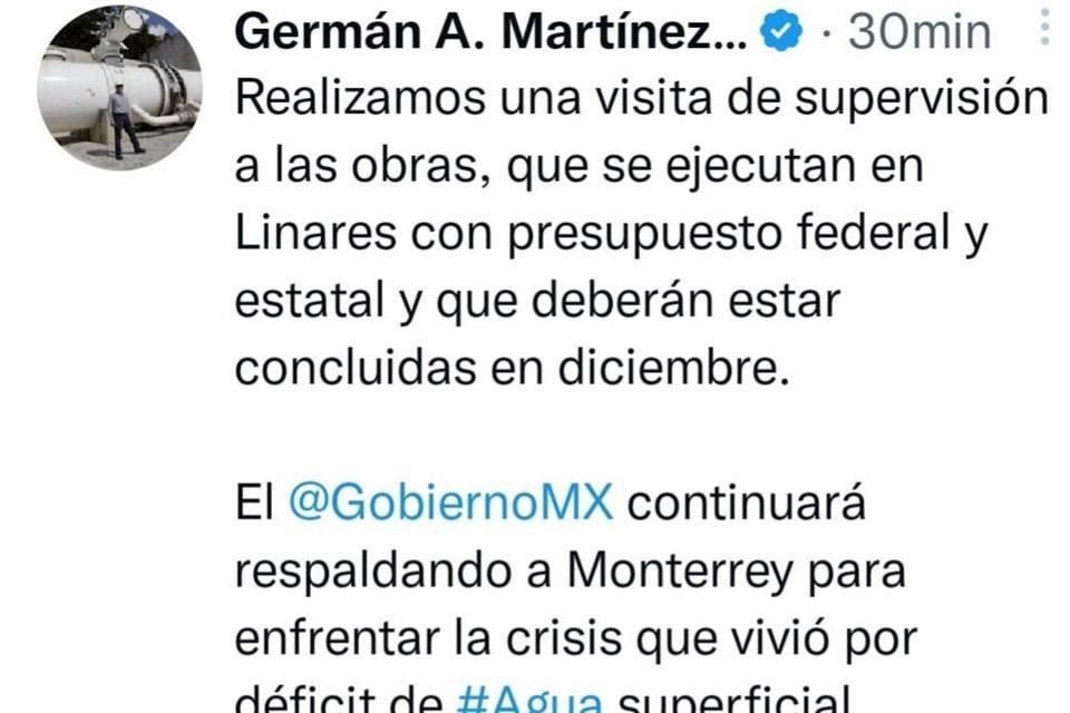 El titular de la Comisión Nacional del Agua, Germán Martínez subió a su cuenta de Twitter imágenes de su recorrido.