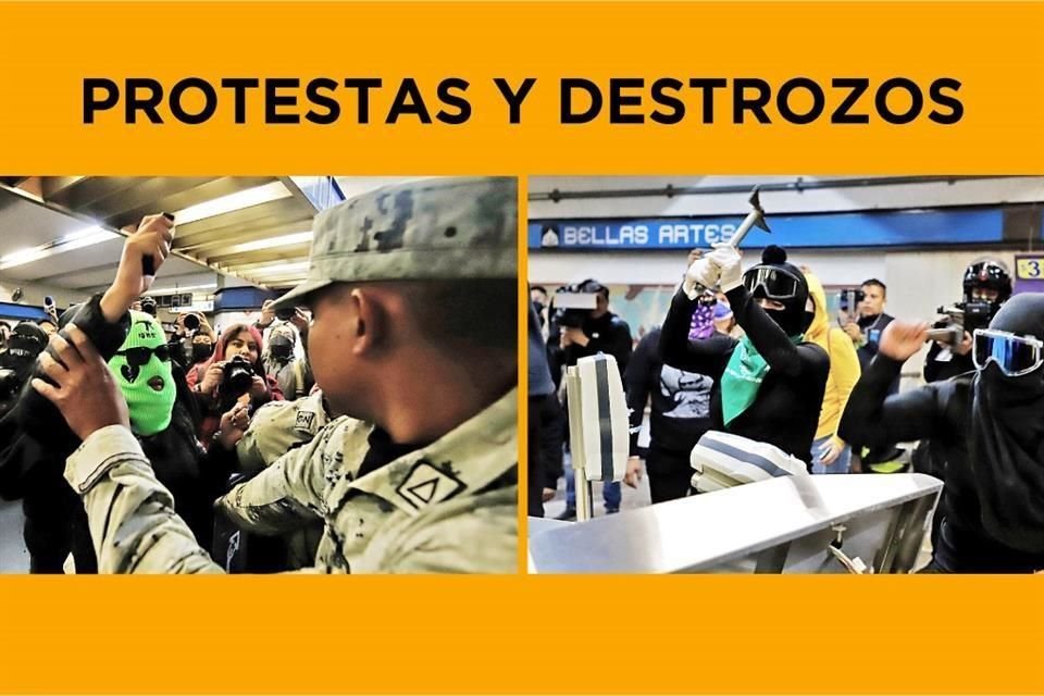 Encapuchadas destrozaron torniquetes de estación Bellas Artes ante elementos de GN. Los lectores de tarjeta fueron inutilizados. En Tlatelolco y Centro Médico hubo protestas y colocaron veladoras.