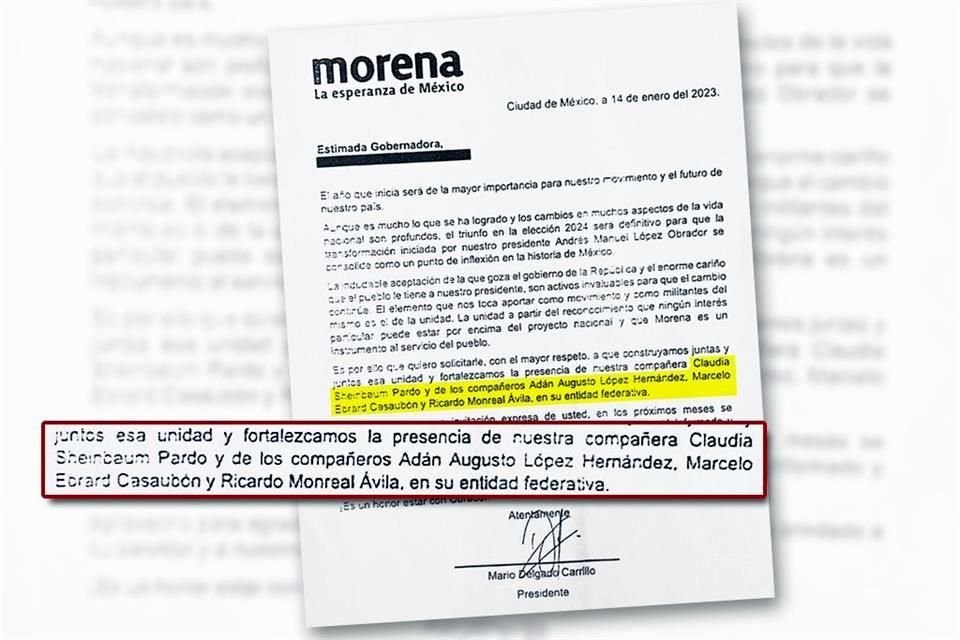 En una carta, de la que Grupo REFORMA tiene copia, Mario Delgado, presidente morenista, solicitó a los Mandatarios que fortalezcan la presencia de las llamadas 'corcholatas' en sus Estados.