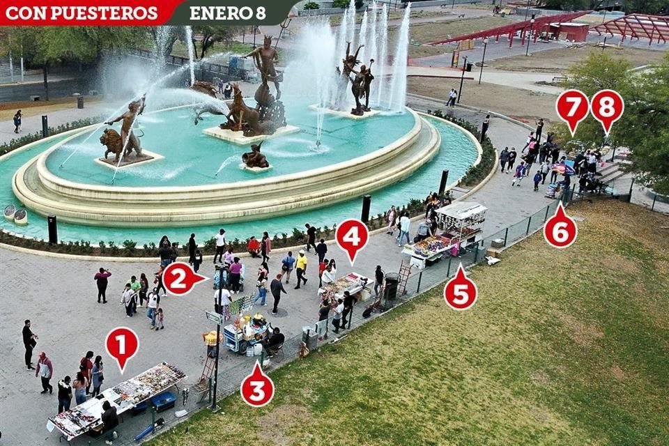 Al menos ocho vendedores ambulantes se instalaron alrededor de la recientemente remodelada Fuente de la Vida.