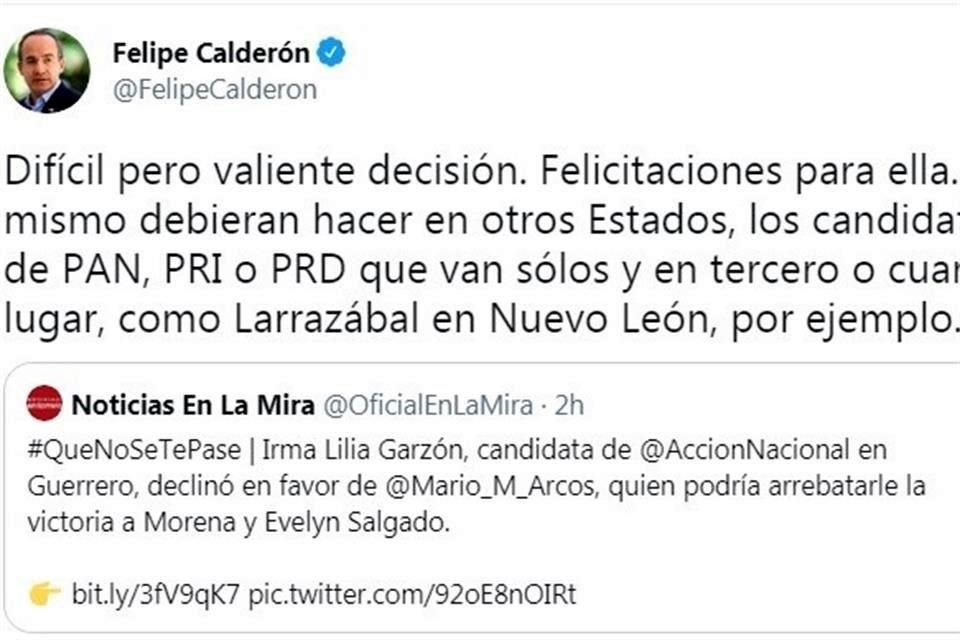 Calderón dijo que los candidatos en segundos y terceros lugares en encuestas deberían de tomar la decisión de apoyar a otros para impedir que los morenistas sean electos.