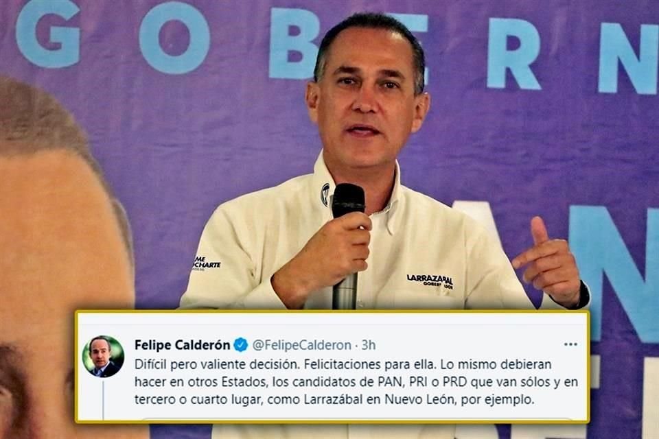 En su cuenta de Twitter, el ex Presidente Calderón planteó que el panista Fernando Larrazabal decline en Nuevo León por la Gubernatura.
