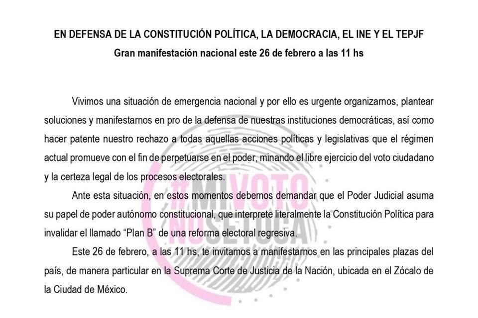 Convocatoria a la marcha del próximo domingo en la CDMX y otras ciudades del País.