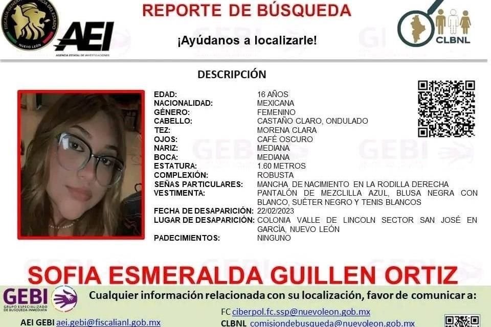 Sofía Esmeralda Guillén Ortiz de 16 años, fue vista por última vez el miércoles.