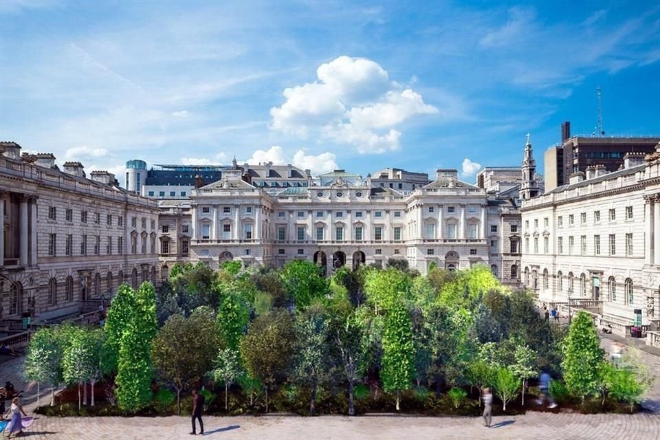 La instalación 'Bosque para el cambio' consta de 400 árboles de variedades de Reino Unido y del centro de Europa, su objetivo es mostrar los desafíos climáticos a los que se enfrenta el diseño.