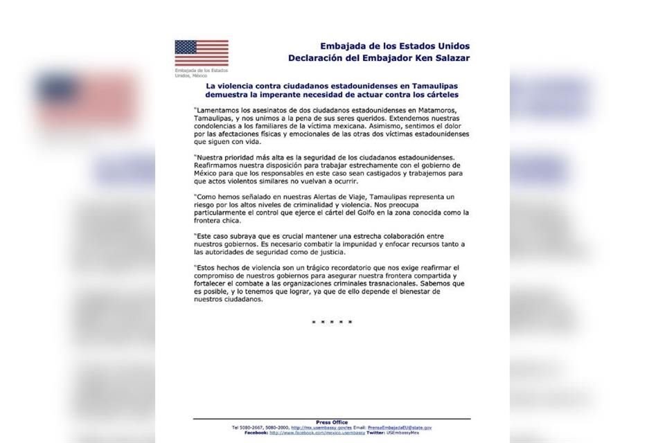 Tras asesinato de 2 estadounidenses en Matamoros, Embajador Ken Salazar dijo que preocupa a EU el control de Cártel del Golfo en Tamaulipas.