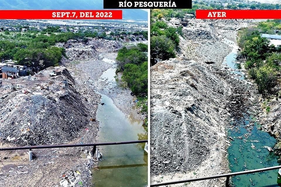 En el cauce del Río Pesquería, en el tramo entre las Colonias La Alianza, de Monterrey, y La Unidad, de Escobedo, está cada vez más estrangulado por un tiradero de basura.