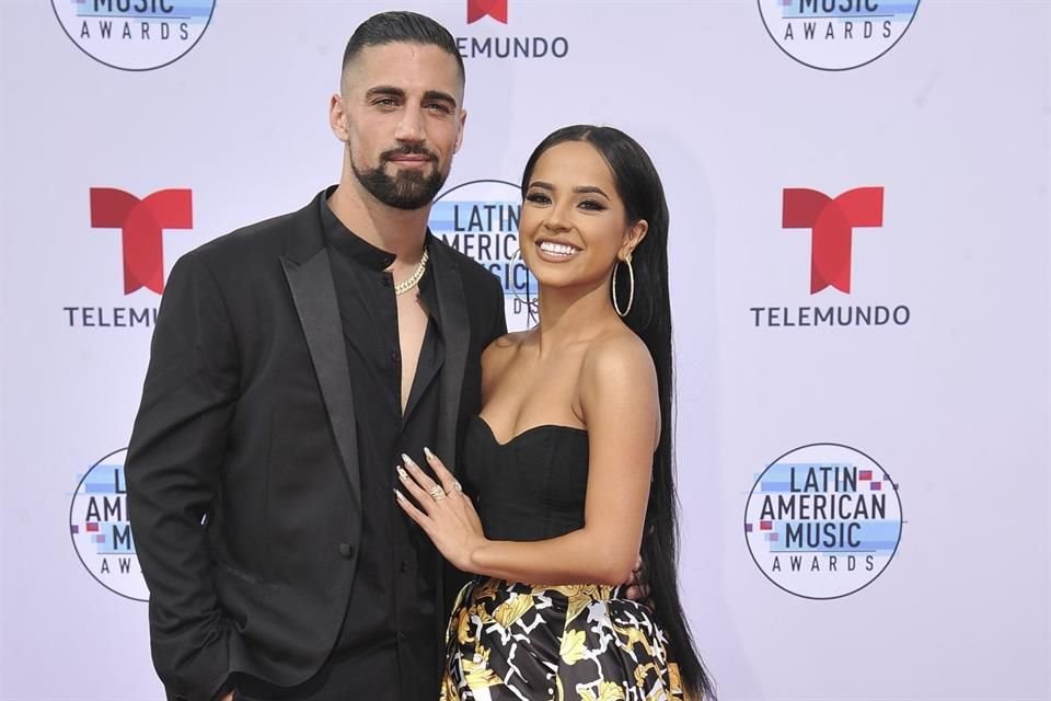 Sebastian Lletget, left, and Becky G arrive at the Latin American Music Awards on Thursday, Oct. 17, 2019, at the Dolby Theatre in Los Angeles. (Photo by Richard Shotwell/Invision/AP)