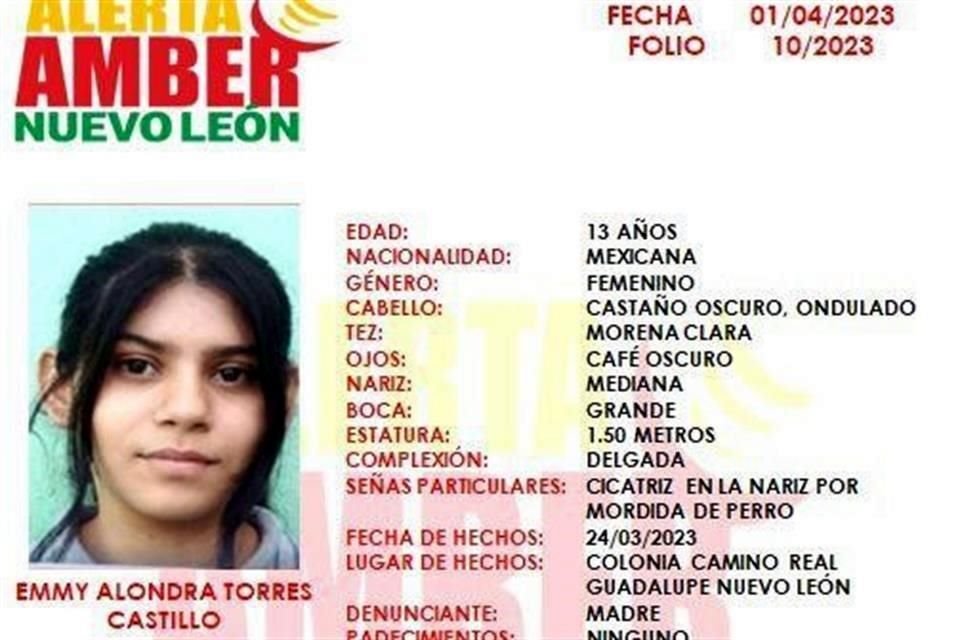 Emmy Alondra Torres Castillo fue vista por última vez el 24 de marzo al salir de su domicilio, en la Colonia Camino Real.