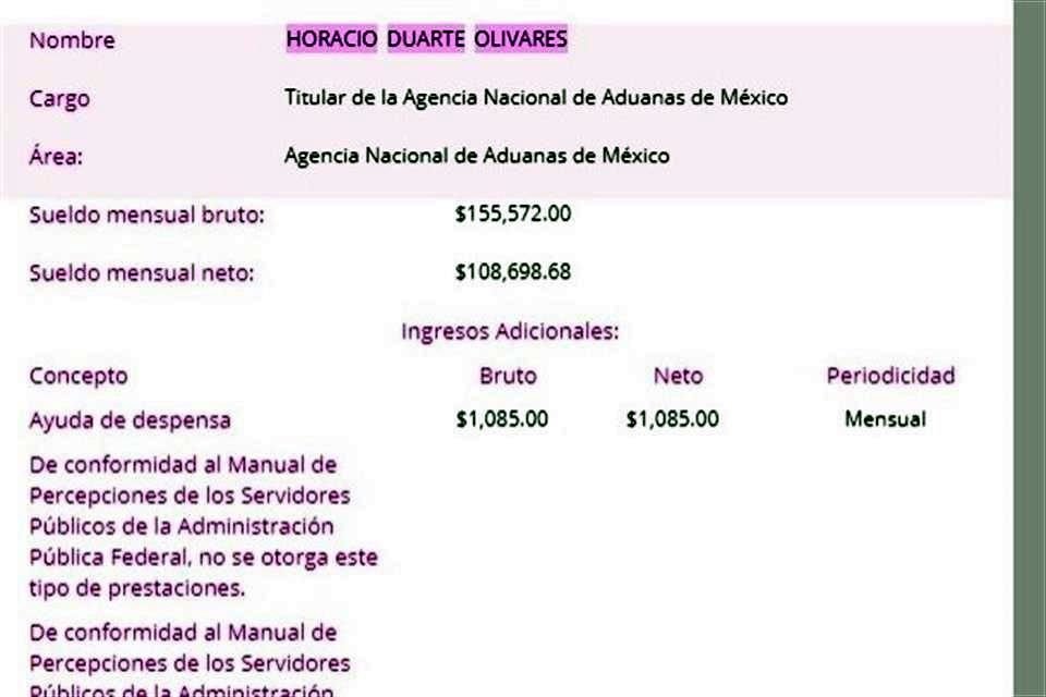 También difundieron los ingresos mensuales de Horacio Duarte, cuando se desempeñó como director de Aduanas.