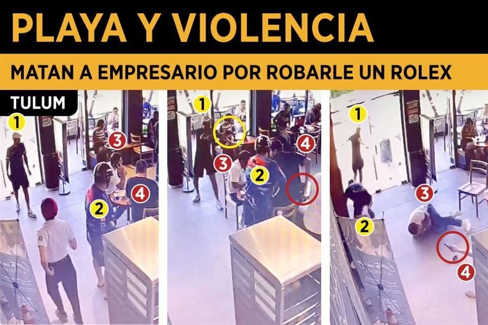 Empresario de Monterrey, identificado como David González (3), fue asesinado en Tulum cuando sujetos (1) y (2) intentaban robarle su Rolex. Su socio Luis Carlos (4) iba armado y disparó a agresores.