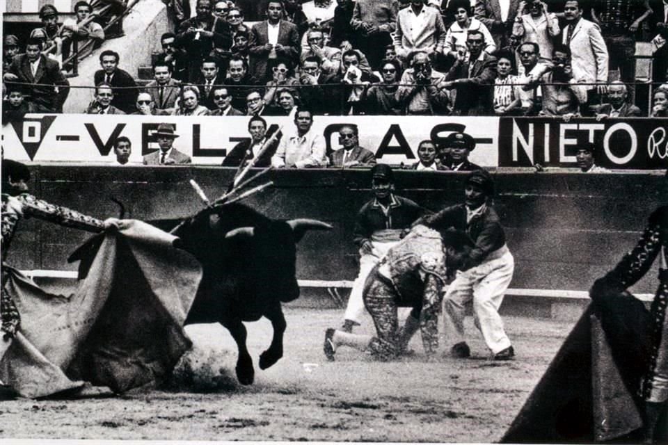 Meses antes del único viaje de Igor Stravinsky a Rusia, en 1962, el compositor ruso estuvo en México. Lo acompañó a una corrida de toros en la Plaza México. Prieto aparece sobre la 'V' de Velagas y, a su izquierda, Stravinsky. La intención de la foto era captar la cornada al torero.