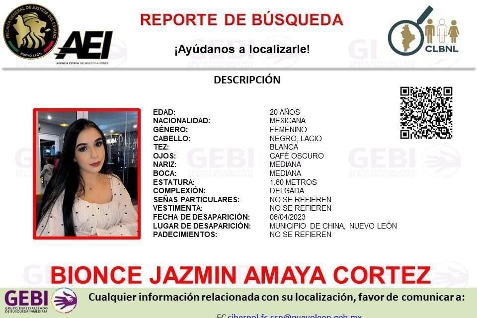 La joven, identificada Bionce Amaya Cortez, de 26 años, mide 1.62 metros, pesa 58 kilos, tiene cabello negro largo y ojos cafés oscuros.