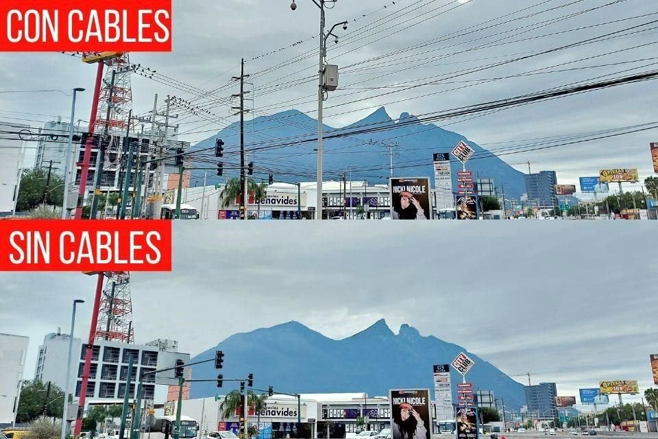 Las telarañas obstruyen la visibilidad de los paisajes regios, como el Cerro de la Silla. Así se verían si los postes fueran retirados y el cableado soterrado.