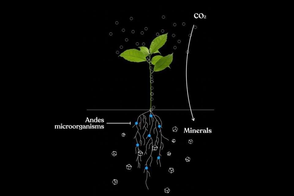 La startup Andes propone usar microorganismos para acelerar la conversión del CO2 absorbido por plantas en minerales.