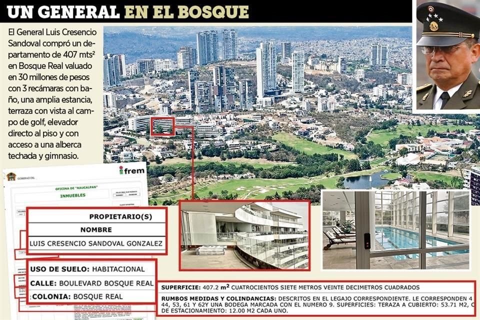 El General Luis Cresencio Sandoval adquirió un departamento de 407m2 en Bosque Real, que está valuado en 30 millones de pesos.