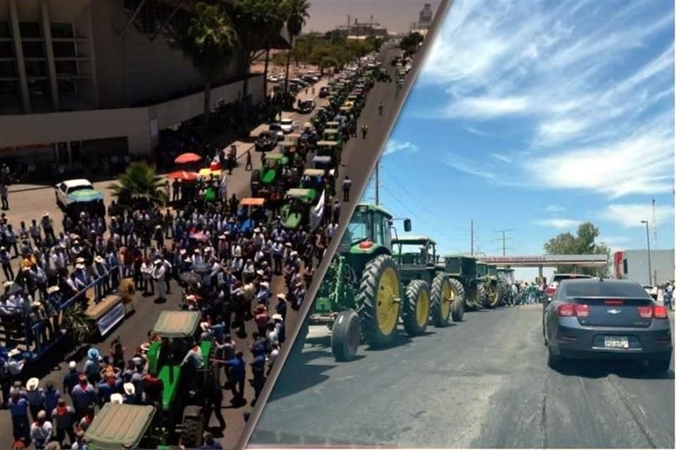 Agricultores bloquearon con cientos de tractores la entrada de la Sader en Cajeme (izquierda) y también una caseta en límites con BC en San Luis Río Colorado (derecha).