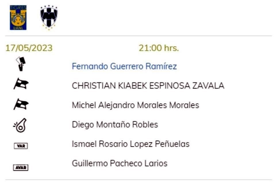 Fernando Guerrerro encabezará el cuerpo arbitral para el partido entre Tigres y Rayados a disputarse en el Universitario.