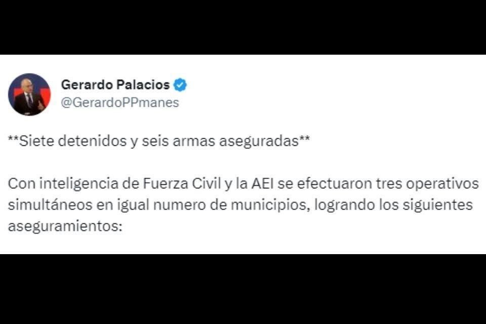 Los operativos se realizaron en Juárez, Guadalupe y Apodaca, informó Gerardo Palacios Pámanes, Secretario de Seguridad Estatal en su cuenta de Twitter.