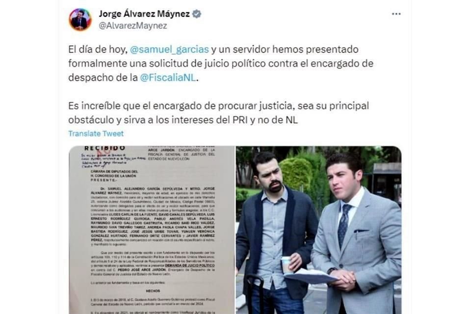 Jorge Álvarez Máynez, coordinador de los legisladores federales de MC, compartió la solicitud de juicio político.