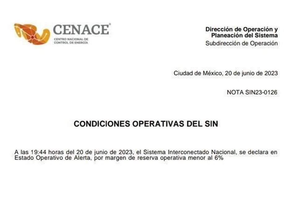 El sistema eléctrico opera en estado de alerta.