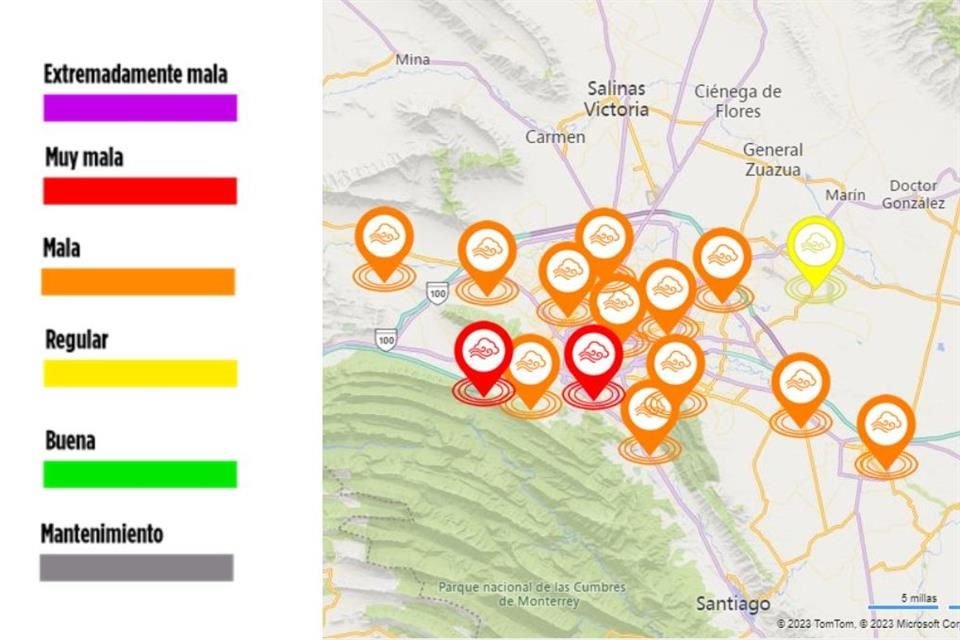 Las estaciones de monitoreo ambiental en Monterrey y Santa Catarina registran una muy mala calidad del aire poco antes del mediodía.