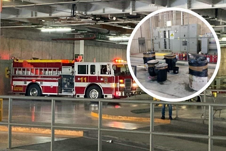 Personal de Bomberos de San Pedro recuperó 400 litros de diésel derramados en el estacionamiento.