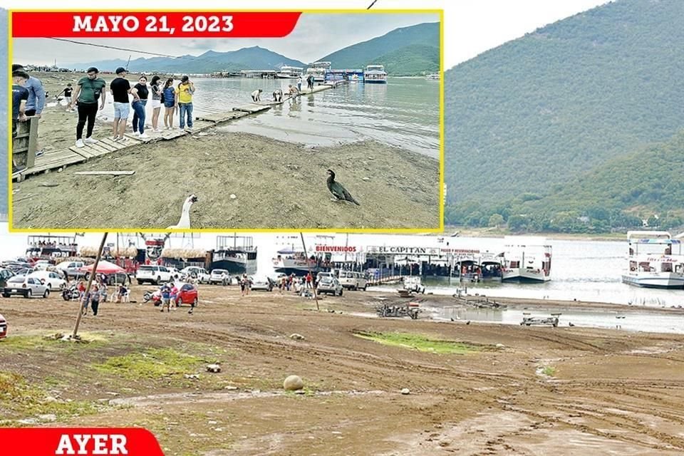 En el embarcadero de la Presa La Boca se muestra cómo bajó el embalse en apenas un mes.