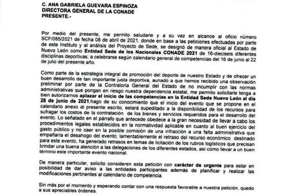 Carta oficial del Inde donde se solicita cambiar las fechas de los JNC por falta de recursos.