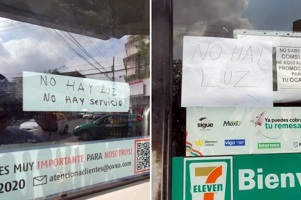Tiendas de conveniencia colocaron letreros para avisar el cierre temporal de los negocios por la falta de energía eléctrica.