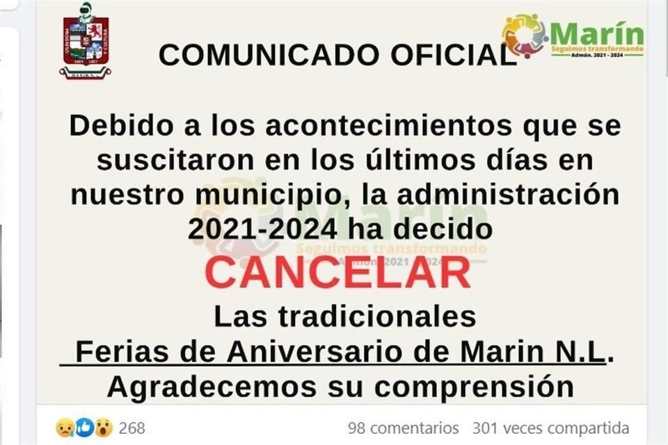 Autoridades de Marín anunciaron la cancelación de la Feria del municipio.