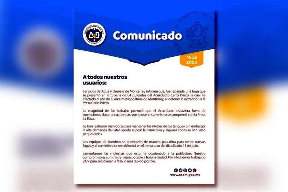 Agua y Drenaje publica comunicado vía redes sociales.