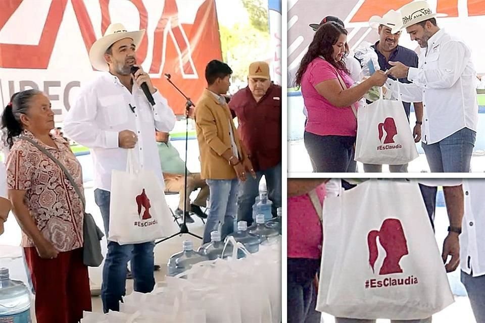 Américo Villarreal Santiago, hijo del Gobernador de Tamaulipas, encabezó el evento en Palmillas, donde repartió bolsas con alimentos con la silueta de la aspirante Claudia Sheinbaum, de Morena.