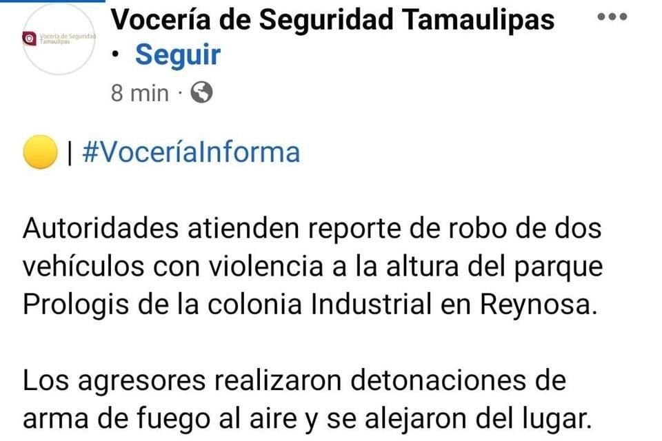 La Vocería del Gobierno del Estado publicó en su cuenta de Twitter una alerta sobre los robos.