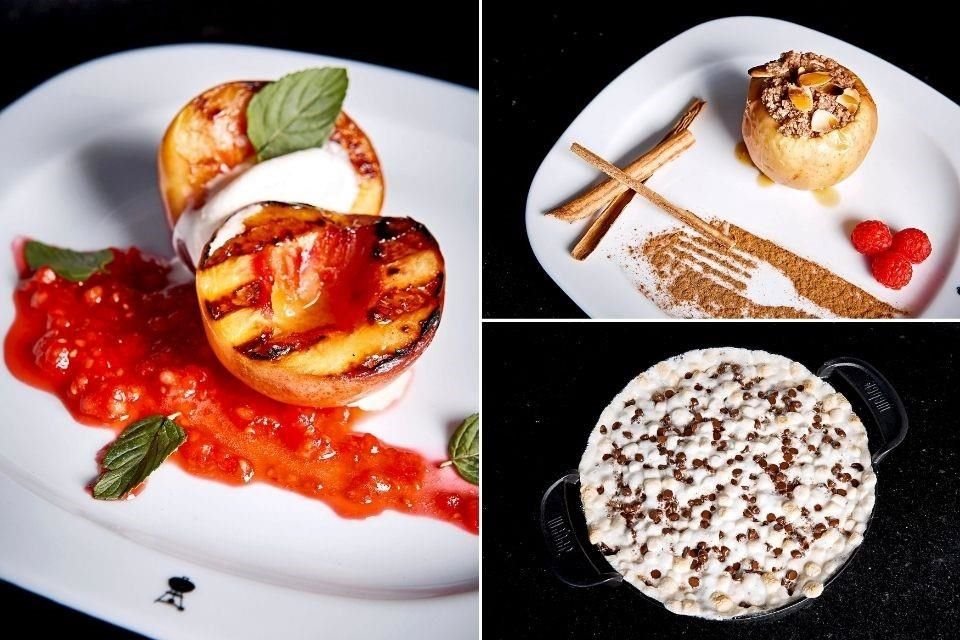 Duraznos asados en salsa de frambuesa, manzanas rellenas y dip de S'mores.