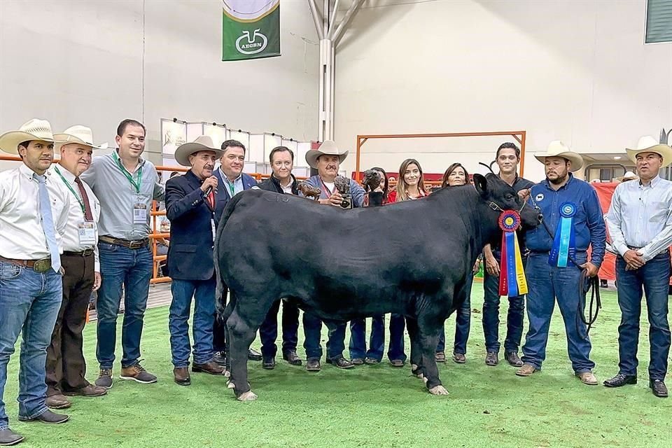 Organizadores e invitados en Concurso Novillo Gordo, con ejemplar de raza Angus ganador del premio Gran Campeón, con 800 kilos a sus 19 meses, engordado por Carnes El Mirador y subastado en $200 mil.