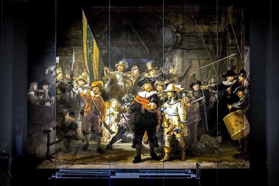 'Ronda de noche (1642), de Rembrandt. Las líneas punteadas muestran las partes laterales del lienzo que fueron cortadas en 1715.