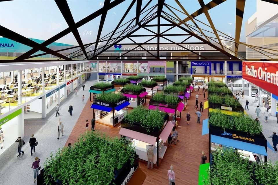 Explanada de más de 2,000 m2 con kioscos comerciales bajo un domo de tres niveles de altura.