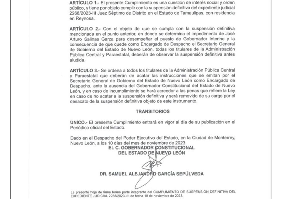 Samuel García publicó una edición especial del Periódico Oficial con la suspensión de amparo que un Juez de Reynosa concedió a Javier Navarro.