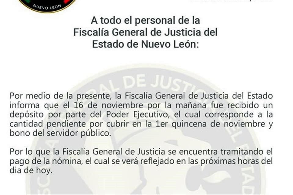 En un comunicado, la Fiscalía General de Justicia del Estado confirmó haber recibido el dinero.