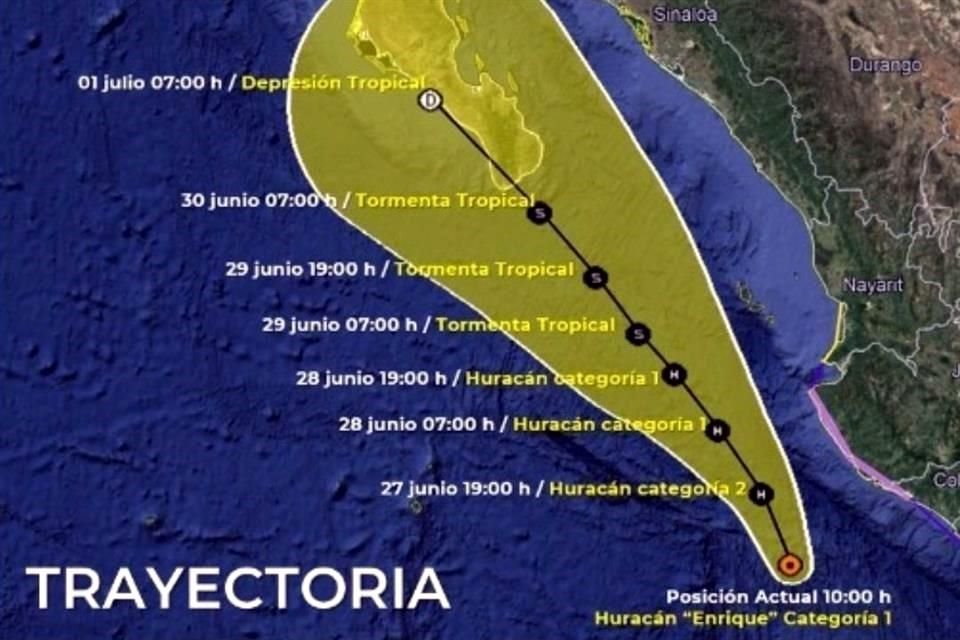 A las 16:00 horas, el centro del Huracán Enrique se estimó a 109 km de Barra de Navidad, con vientos que podrían alcanzar 150 Km. por hora. 