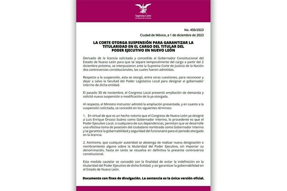 La Corte otorga suspensión para garantizar la titularidad en el cargo del titular del Poder Ejecutivo en Nuevo León.