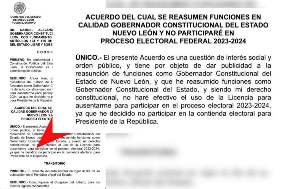 En el acuerdo, en el que se asume como Gobernador, Samuel García asegura que ha decidido no participar en contienda electoral de 2024.