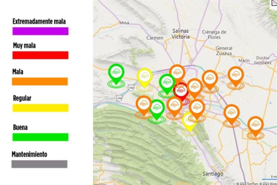 Al corte de las 11:00 horas, nueve estaciones reportaban mala calidad del aire y la de San Nicolás muy mala.