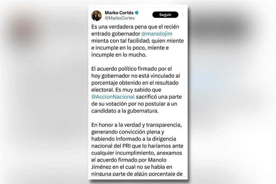 Mediante su cuenta de X, el líder nacional del PAN exigió al PRI respetar el acuerdo político firmado en 2023.