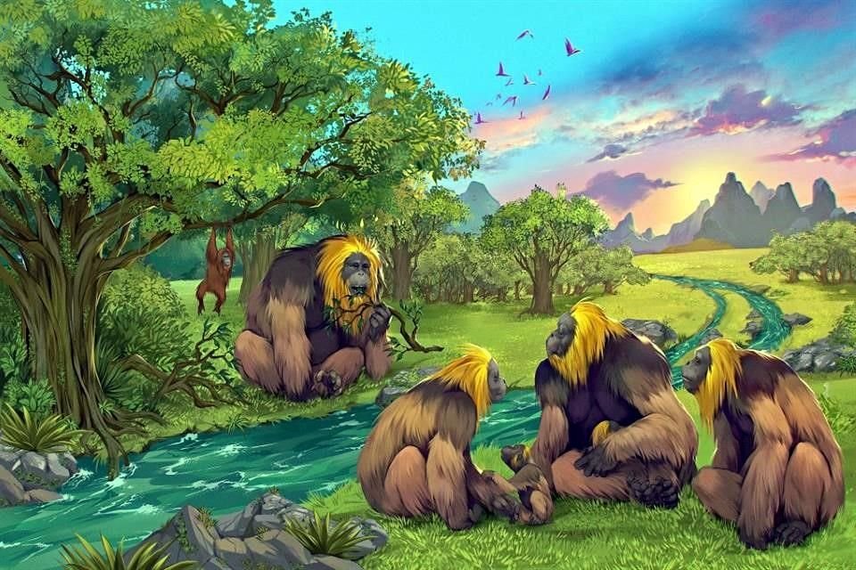 Recreación artística de una comunidad de Gigantopithecus blacki.